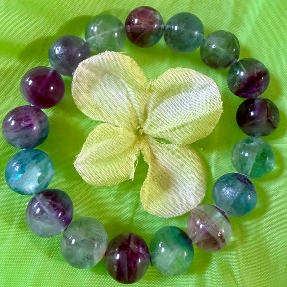 Jewelry - A Natural Multi Colored Fluorite Bead Sturdy Stretch Bracelet